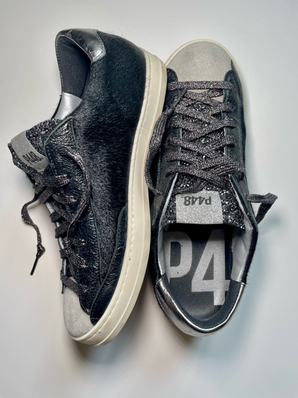 P448 Womens John Cow/Glitter Sneaker Size 39 US 8.5 EUC Calf Hair